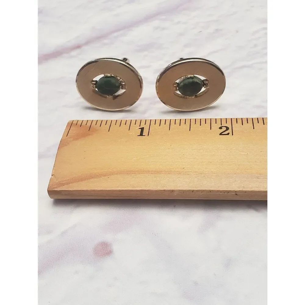 VINTAGE SWANK Goldtone & Green Agate Cuff Links